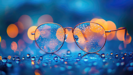 Eyeglasses with water droplets scattered on lenses, creating a blurred effect with a softly lit background.の素材