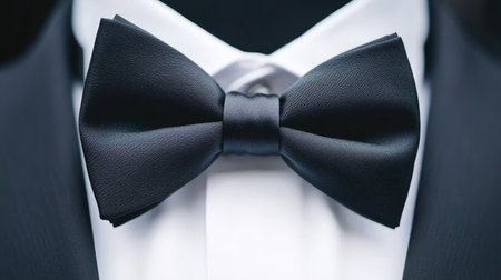 Elegant black bow tie on a crisp white shirt, complemented by a sleek black suit, in a detailed close-up for a formal look.の素材
