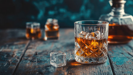 Glass of whiskey with ice cubes and a decanter nearby, with moody, low lighting creating an intimate atmosphere.の素材