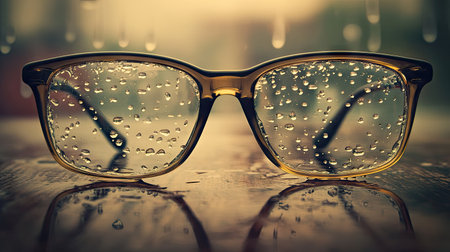 Eyeglasses with small water droplets on lenses, sitting on a wooden surface with a blurred background, creating a moody effect.の素材