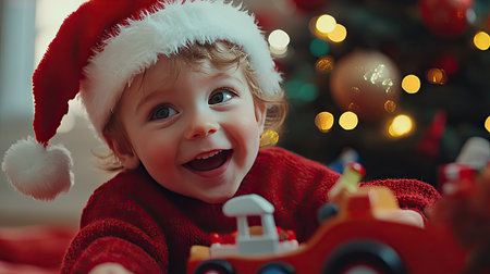 Little child in a Santa hat and red sweater, playing with a sleigh toy near the Christmas tree.の素材