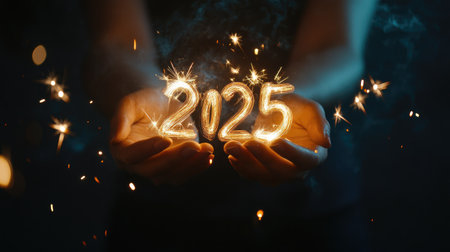 Close-up of hands writing '' with sparklers against a dark backdrop, creating a magical New Year memory.の素材