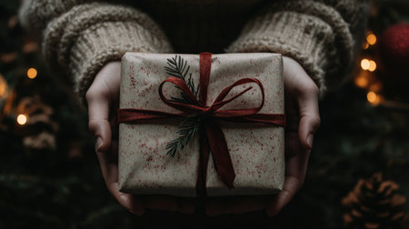 Hands holding a beautifully wrapped Christmas gift with a red ribbon, surrounded by festive decorations and warm lighting.の素材