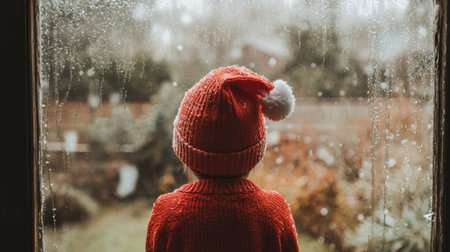 Little child wearing a Santa hat and red sweater, standing by a frosty window, gazing outside at the falling snow.の素材