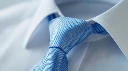 Close-up of a stylish blue necktie with a minimalist pattern, neatly tied over a white dress shirt, showing timeless business style.の素材