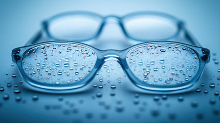 Eyeglass lenses with a fine layer of water droplets, reflecting soft natural light, capturing the delicate details of each droplet.の素材