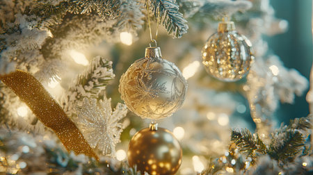 Close-up of a Christmas tree branch with delicate glass ornaments, gold ribbon, and soft white lights illuminating the scene.の素材