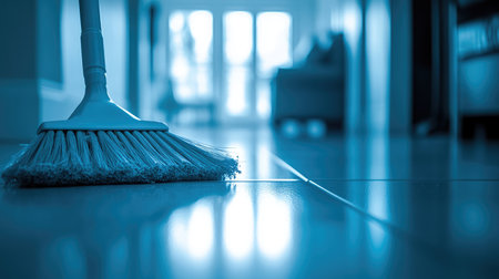 Close-up of a broom and dustpan on a clean floor, highlighting a simple, effective cleaning setup in a modern household setting.の素材