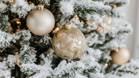 Close-up of a Christmas tree with sparkling golden lights, ornaments, and snowy branches for a wintery festive feel.の素材