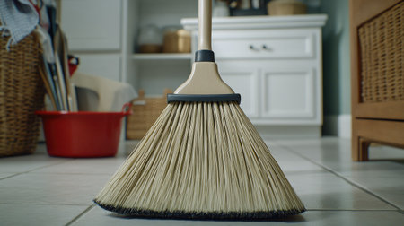 Close-up of a broom with a dustpan on a clean tile floor, ready for action, emphasizing household cleanliness.の素材