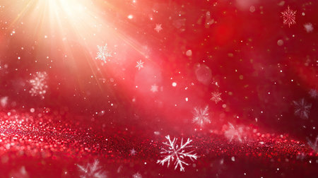 Vivid red background adorned with delicate snowflakes and sparkling lights creates a magical atmosphere perfect for winter celebrations, holiday cards, and seasonal decor.の素材