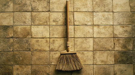 Close-up of a broom with a dustpan on a clean tile floor, ready for action, emphasizing household cleanliness.の素材