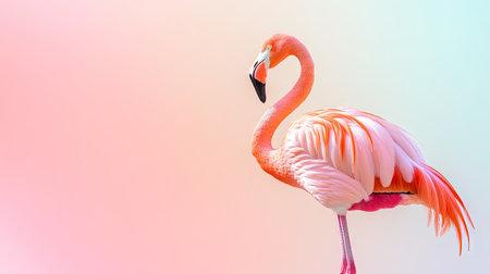 A striking portrait of a flamingo standing in a tranquil pose, set against a soothing pink and blue gradient background, highlighting its beautiful feathers and elegance.の素材