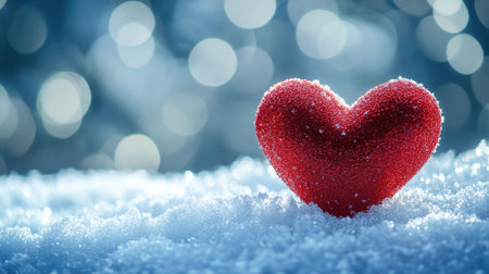 A captivating red heart rests on a soft snowy surface, glistening with frost under a dreamy bokeh background, capturing the essence of winter romance and love.の素材