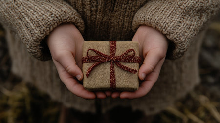 Child's hands holding a Christmas gift with a festive ribbon, showing the magic and wonder of the holiday season.の素材