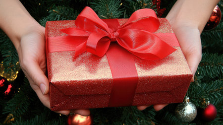 Christmas gift with a big red ribbon held in hands, Christmas tree and ornaments in the soft background.の素材