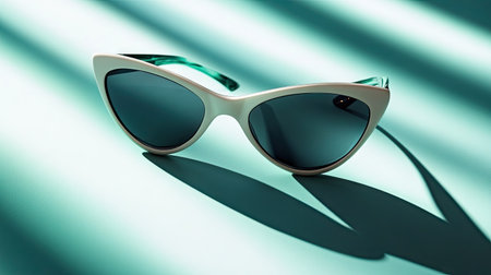 A pair of stylish cat-eye sunglasses placed against a vibrant teal background, showcasing unique design, dramatic shadows, and a modern aesthetic perfect for fashion enthusiasts.の素材