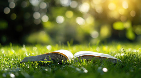 An open book rests on lush green grass, illuminated by bright sunlight. The blurred background enhances a tranquil reading atmosphere, inviting exploration and creativity.の素材