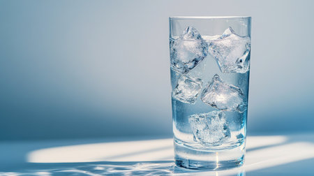 A refreshing glass filled with sparkling water and ice cubes, highlighting clarity and coolness, ideal for summer hydration, relaxation, and wellness.の素材