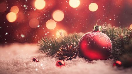 A stunning Christmas scene featuring a lush green pine branch adorned with a vibrant red ornament and shimmering bokeh lights, creating a warm and festive atmosphere.の素材