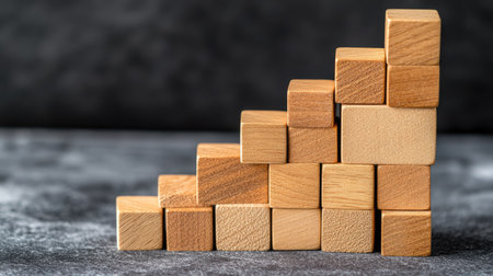 A creative arrangement of wooden blocks stacked in ascending order on a dark grey surface, symbolizing growth and development in a minimalist aesthetic.の素材
