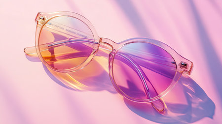 Elegant round sunglasses with vibrant lenses rest on a soft pastel background, perfect for summer fashion. Ideal for enhancing any stylish outfit or casual look.の素材