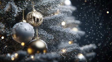 Christmas tree close-up with shimmering ornaments and twinkling lights, showcasing holiday spirit and decoration.の素材