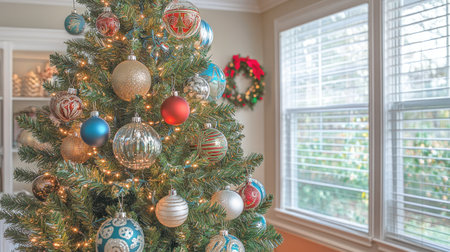 Close-up of a Christmas tree with sparkling ornaments, lights, and tinsel, capturing the warmth and joy of holiday decor.の素材