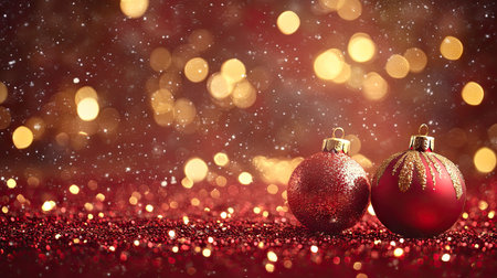 A stunning arrangement of red Christmas ornaments glistening with snow and surrounded by warm bokeh lights, perfect for capturing the essence of the holiday season.の素材
