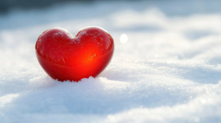 A vibrant red heart shaped object rests on pristine snow, capturing the essence of winter romance. Ideal for seasonal themes, love stories, and emotional moments.の素材