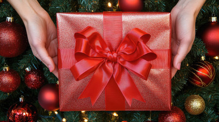 Christmas gift with a big red ribbon held in hands, Christmas tree and ornaments in the soft background.の素材