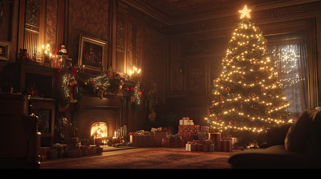 Christmas tree with glowing lights in a warmly lit living room, surrounded by holiday decor, gifts, and a cozy holiday vibe.の素材