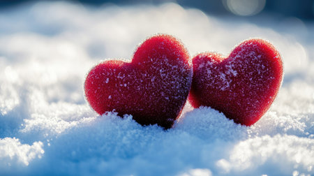 Two red heart-shaped objects rest charmingly in a blanket of snow, creating a beautiful contrast that symbolizes love and affection in a serene winter setting.の素材