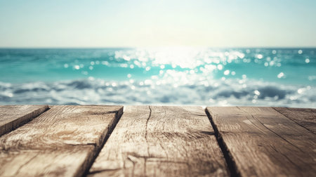 Beautiful seascape featuring a wooden surface in the foreground with gentle waves shimmering under sunlight, creating a serene and tranquil atmosphere.の素材