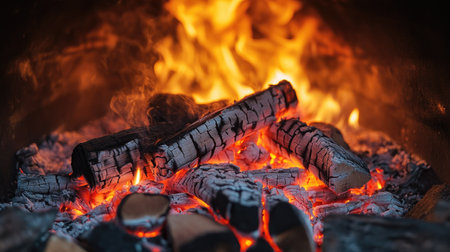 A captivating image of glowing embers and charred wood logs in a fire pit, showcasing vibrant flames and ash, perfect for creating a cozy outdoor atmosphere.の素材