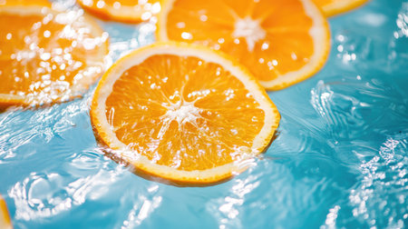 Bright orange slices float gracefully in clear blue water, creating a refreshing and vibrant scene perfect for summer themes and healthy living concepts.の素材