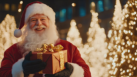 Cheerful Santa Claus presenting a gift box with a bow, set against a backdrop of twinkling Christmas lights and holiday decorations.の素材