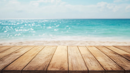 A tranquil view from a wooden table overlooking sparkling ocean waves, inviting relaxation on a sunny day, ideal for travel and beach-themed photography.の素材