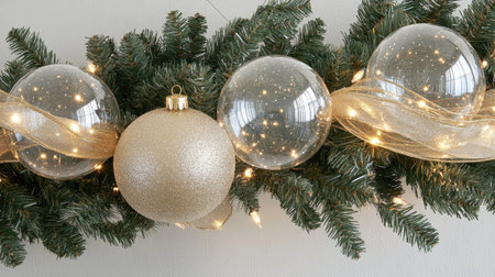Close-up of a Christmas tree branch with delicate glass ornaments, gold ribbon, and soft white lights illuminating the scene.の素材
