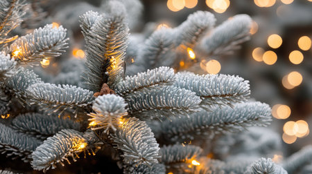 Close-up of a Christmas tree with sparkling golden lights, ornaments, and snowy branches for a wintery festive feel.の素材
