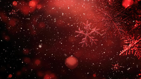 A stunning festive red background features delicate falling snowflakes and sparkly elements, perfect for holiday-themed projects, greeting cards, or winter decor.の素材