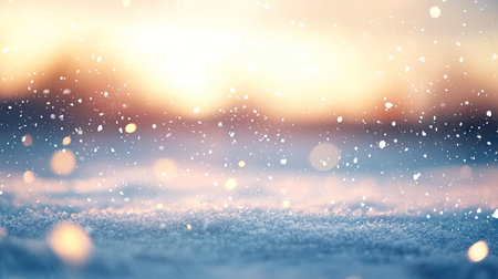 Capture the essence of winter with this stunning image showcasing falling snowflakes, soft light, and a tranquil snowy ground at sunrise, evoking peace and beauty.の素材