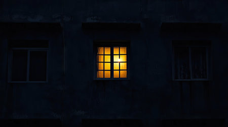 A solitary window illuminates the night with a warm glow, contrasting against the dark exterior, creating an inviting atmosphere in an urban environment.の素材