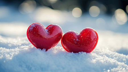 Two vibrant red hearts rest atop a snowy blanket, capturing the essence of love in a winter landscape. The sparkling background enhances the romantic atmosphere.の素材