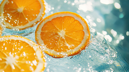 Bright and refreshing orange slices float in clear water, creating stunning reflections under sunlight. Perfect for summer-themed designs and healthy lifestyle concepts.の素材