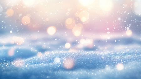 A tranquil winter scene showcases soft snowflakes falling onto a gentle surface, enhanced by a dreamy bokeh effect and warm light, perfect for seasonal themes and moods.の素材