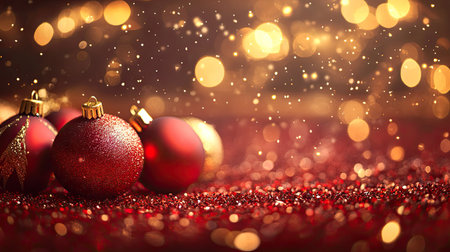 A stunning display of red Christmas ornaments resting on a glittering surface, surrounded by falling snow and golden bokeh lights, perfect for festive celebrations and decorations.の素材