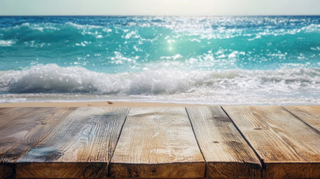 Captivating beach scene featuring a rustic wooden surface in the foreground with vibrant waves and sunlight reflecting on the turquoise water in the background.の素材
