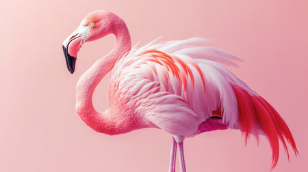 A stunning portrait of a flamingo featuring vibrant pink feathers against a soft pink backdrop. This image captures the bird's grace and beauty, ideal for various creative projects.の素材