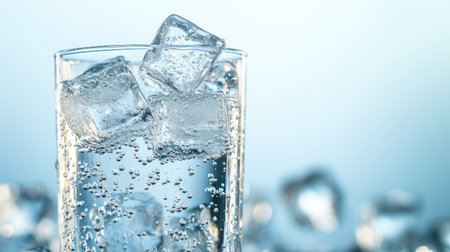 A close-up of a glass filled with sparkling water and ice cubes. Bubbles rise against a serene blue backdrop, creating a refreshing and inviting atmosphere.の素材